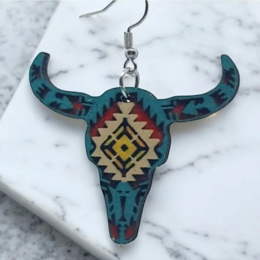 Longhorn Skull Earrings Southwestern Cowgirl Aztec Steer Western Wood Dangle